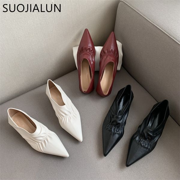 dress shoes suojialun 2022 brand women thin low pumps fashion pleated pointed toe slip on ladies elegant loafers zapat 230224, Black